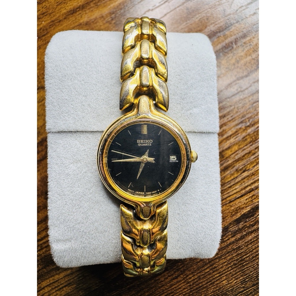 SEIKO 7N82 Quartz Women's Watch Gold Tone Black Dial Date Japan Vintage‎ Working